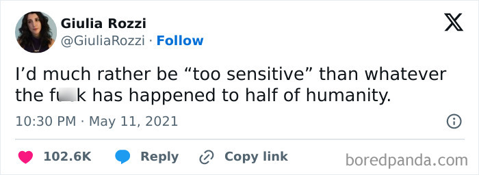A tweet meme about sensitivity and humanity, reflecting on mental health views.