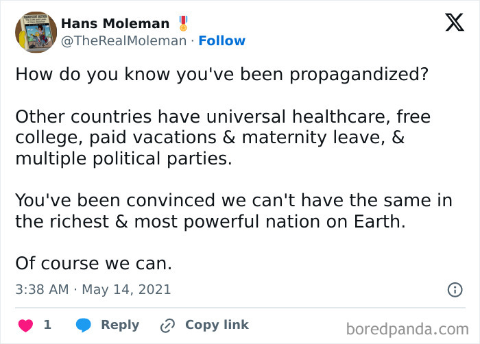 Tweet highlighting capitalism issues in America, discussing universal healthcare, free college, and economic propaganda.