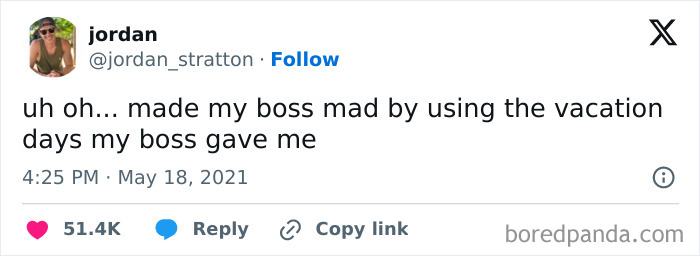 Tweet highlighting issues of capitalism, mentioning boss anger over using vacation days given.