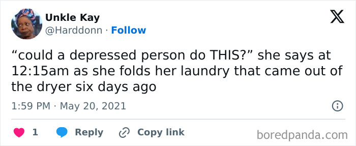 Tweet showing a humorous take on depression and motivation, part of random memes to boost dopamine levels.