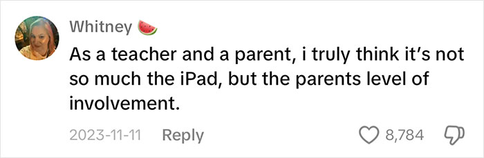 Comment highlighting parents' involvement in addressing iPad kids' dangers, by a teacher and parent.