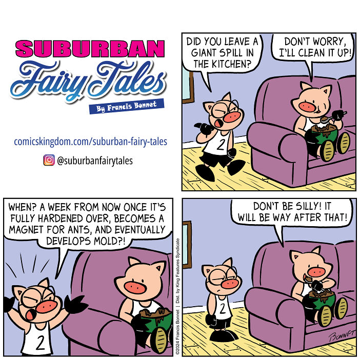 Comic strip showing relationship disasters from a pig's perspective with two pigs arguing over a kitchen spill.