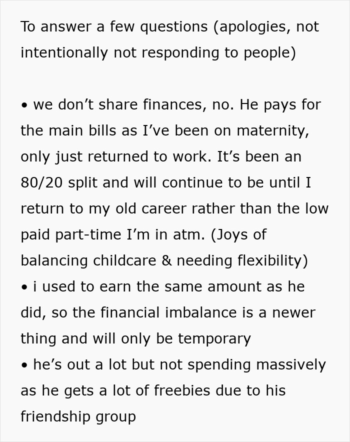 Text discussing financial dynamics and responsibilities in a relationship, mentioning maternity leave and career return.