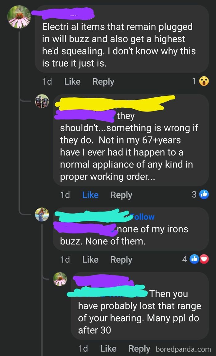 Facebook comment thread about buzzing appliances, showing incorrect corrections.