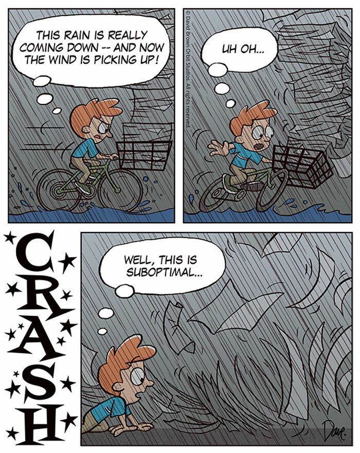 Cartoon character Planey Joey rides a bike in heavy rain, expressing concern as the wind increases, leading to a crash.