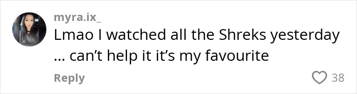 Comment about favorite movie with "Shrek" reference and a profile image beside it, showing engagement and humor.