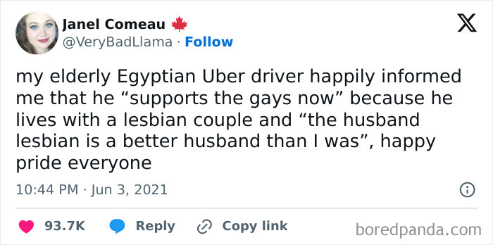 Tweet about an Uber driver embracing social justice, supporting the LGBTQ+ community and living with a lesbian couple.