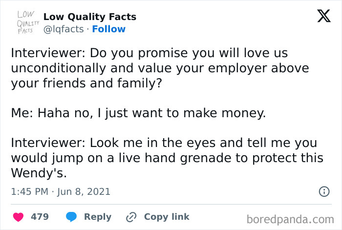 Tweet satirizing capitalism in America: Interviewer asks for extreme loyalty; person just desires money.