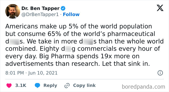 Tweet highlighting capitalism issues in America, focusing on pharmaceutical consumption and advertising versus research spending.