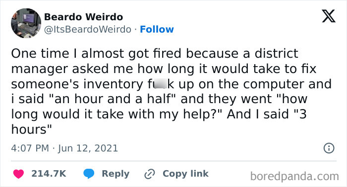 A humorous meme about a workplace conversation, featuring a witty response to a manager's question.