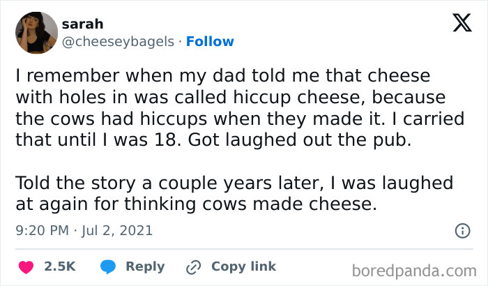 Funny meme about believing in "hiccup cheese" made by cows, shared on Instagram to brighten up your day.