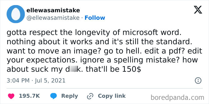 A humorous tweet about the frustrations and quirks of using Microsoft Word.