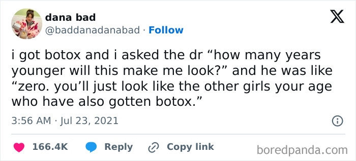 Text exchange about botox reflecting peak internet humor.