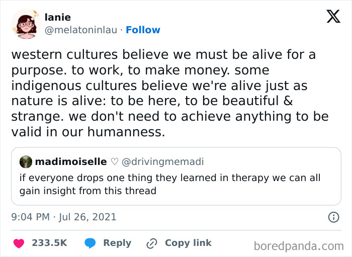 A tweet discussing capitalism in America and cultural perspectives on life's purpose, highlighting indigenous views on existence.