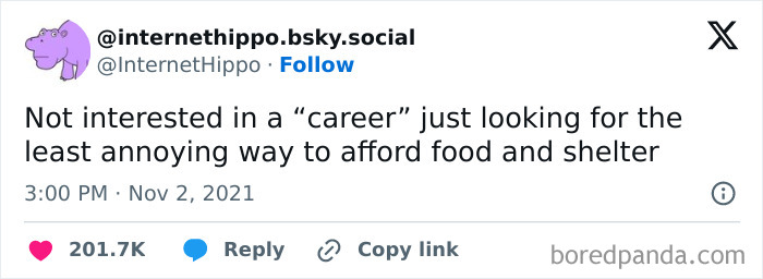 Tweet on capitalism issues, expressing a desire for a simple job to afford food and shelter.
