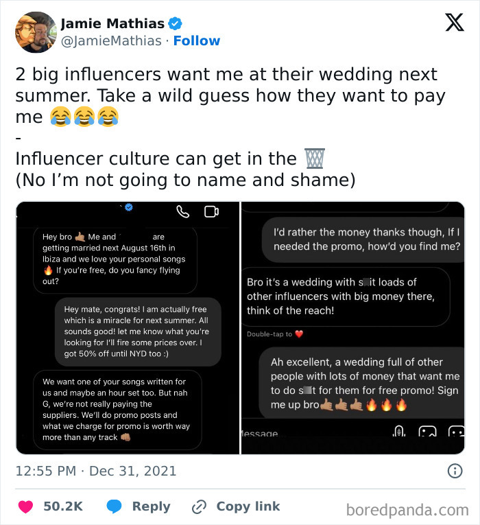 Text exchange about infuriating entitled influencers wanting free wedding music in exchange for exposure.