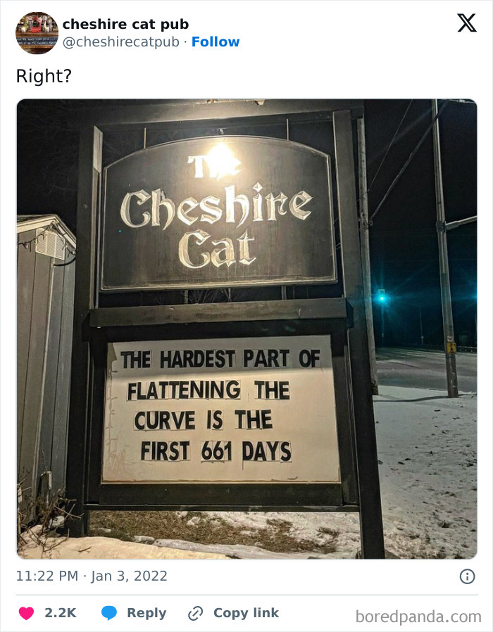 Cheshire Cat pub sign humorously reflects on the pandemic; part of Just Canada Things.