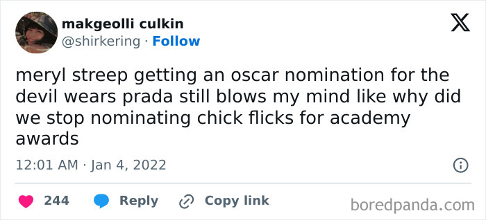 Tweet about Oscar nominations for chick flicks, reflecting honest millennial complaints on overlooked films.