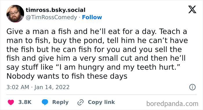 Tweet displaying a satirical take on capitalism using a fishing analogy.