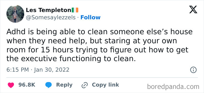 Relatable mental health meme about ADHD, highlighting cleaning struggles and executive functioning challenges.