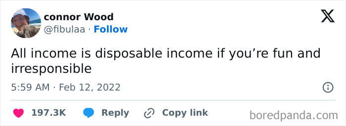 Tweet humorous take on disposable income, related to mental health memes.