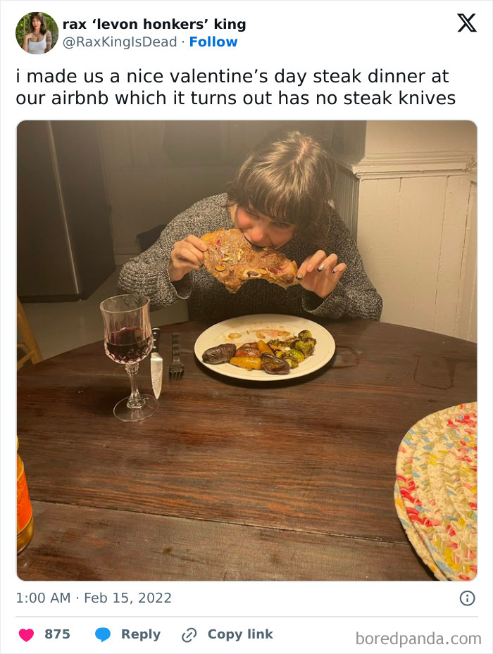 Person eating steak with hands at a table, illustrating a humorous Valentines-Day-Fails moment.