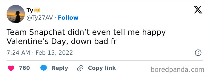 Tweet about Valentine's Day fails, lamenting no greeting from Team Snapchat.