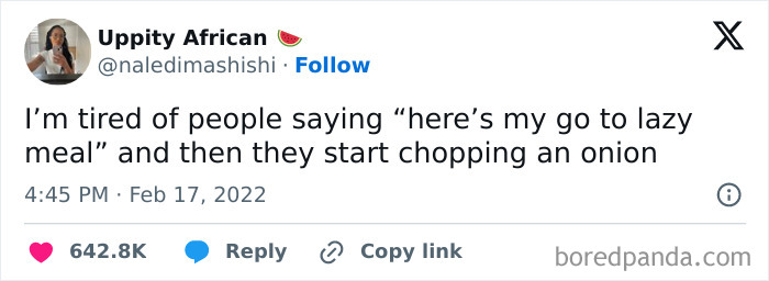 Relatable mental health meme about cooking "lazy meals" with onions.