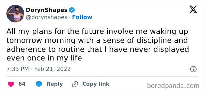 Relatable mental health meme about future plans and sudden discipline, highlighting humorous self-awareness.