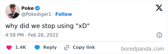 Tweet from a Millennial questioning why "xD" stopped being used, dated February 26, 2022.
