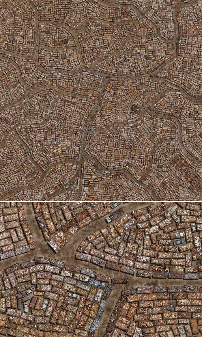 Aerial photos by Cássio Vasconcellos show a dense, intricate pattern of rooftops, highlighting immense scale and detail.