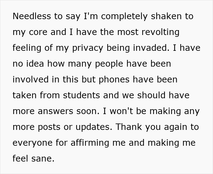 Text expressing feeling of privacy invasion after a student’s comment, seeking affirmation from others. Text expressing feeling of privacy invasion after a student’s comment, seeking affirmation from others.