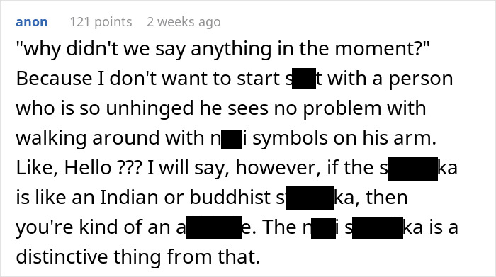 Text exchange about not confronting someone with an offensive tattoo, mentioning symbols and intent. Text exchange about not confronting someone with an offensive tattoo, mentioning symbols and intent.