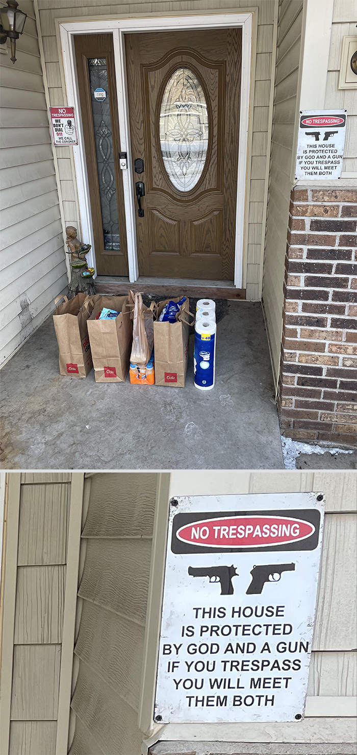 Instacart delivery on porch with no trespassing sign warning of protection by God and a gun.