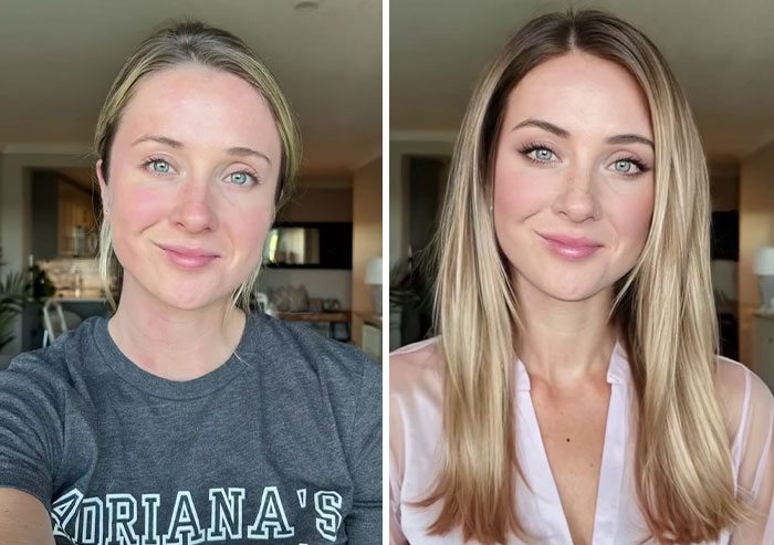 Before and after digital makeover by content creator, showcasing a natural to glam transformation.