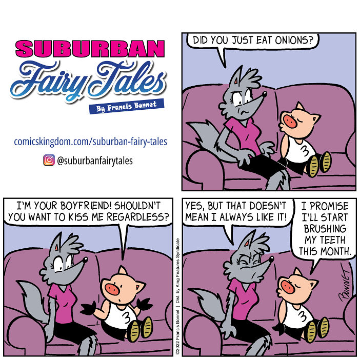 Comic strip showing a pig and wolf illustrating relationship disasters from a pig’s perspective on a purple couch.