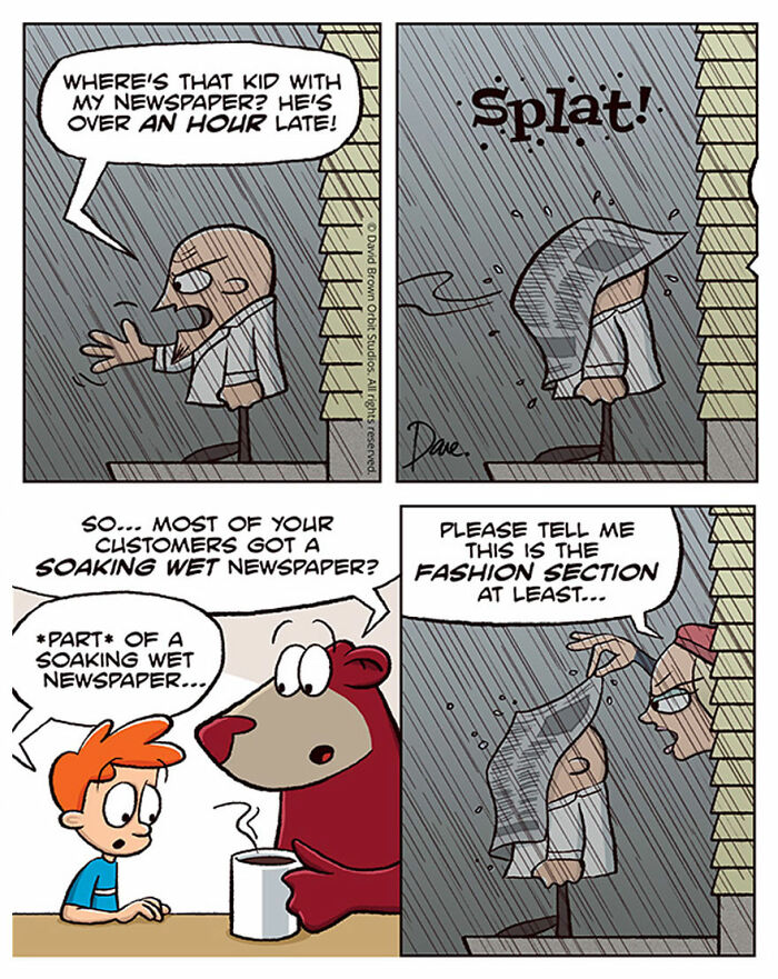 Comic strip with Planey Joey delivering a wet newspaper in the rain, leading to humorous dialogue with a bear and a customer.