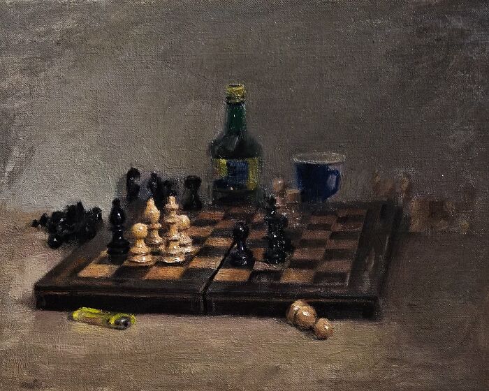Oil painting of a chessboard with pieces, a bottle, and a cup, capturing Eastern Europe's collective nostalgia.