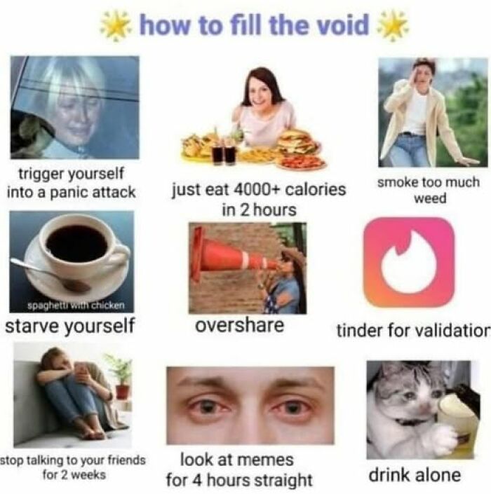 Mental health memes depicting humorous ways to "fill the void," including overeating, oversharing, and seeking online validation.