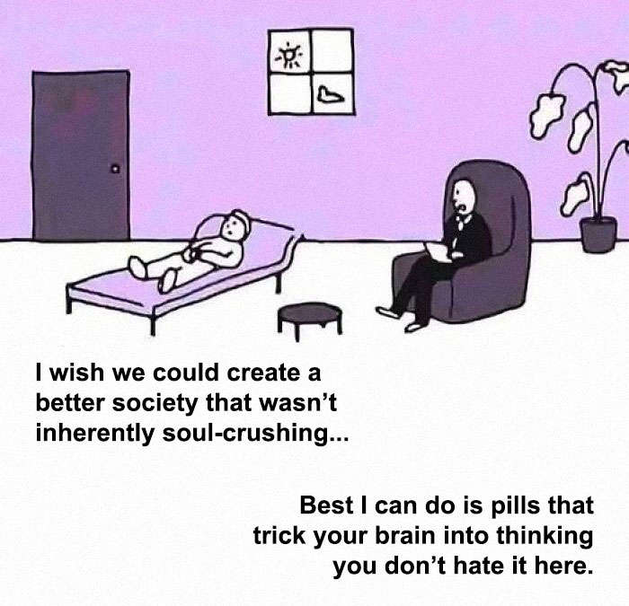 Therapist and patient in session discussing mental health society issues with a humorous twist.