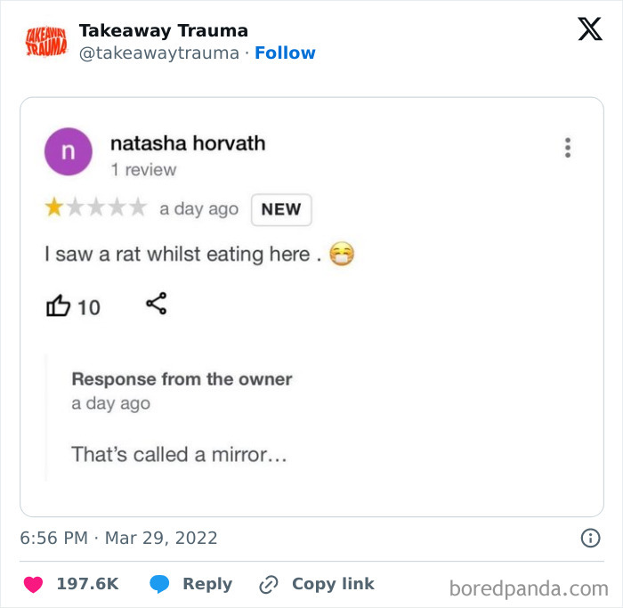 A funny review response with a clever comeback to a one-star rating about seeing a rat.