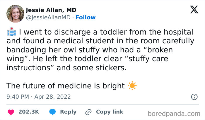 Millennial meme showing a medical student bandaging a toy owl with "broken wing," sharing stuffy care tips and stickers.
