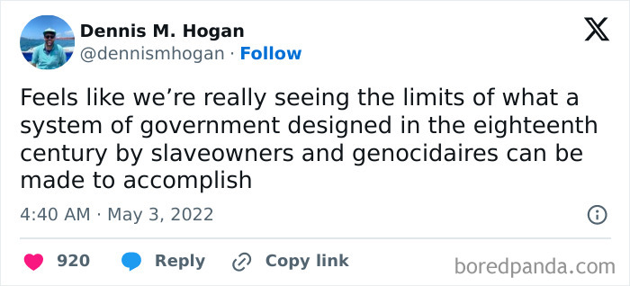 Anti-capitalism post questioning government's historical design limits, by Dennis M. Hogan, shared on social media.