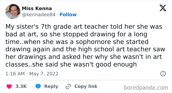 Tweet about a student's experience with teachers impacting art confidence.