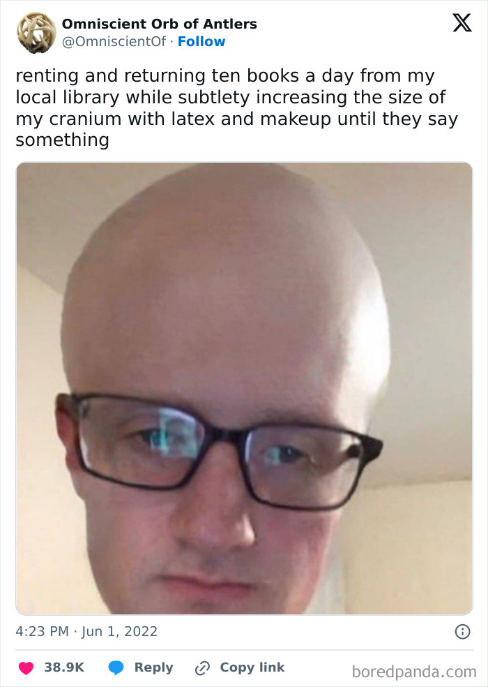 Person wearing glasses with a humorous caption about books and cranium size, related to "50 Nerds Of Grey" memes.