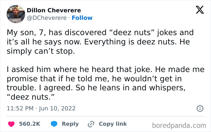Tweet about a 7-year-old obsessed with "deez nuts" jokes, humorously capturing an existential meme moment.