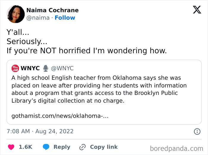 Tweet highlights a teacher placed on leave for sharing free library resources, illustrating capitalism issues in America.