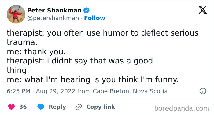 Tweet by Peter Shankman using humor and memes to help boost dopamine with lighthearted therapy conversation.