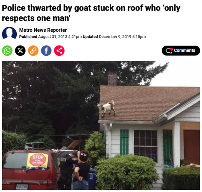 Goat on house roof as police try to coax it down, illustrating hilarious news headlines.
