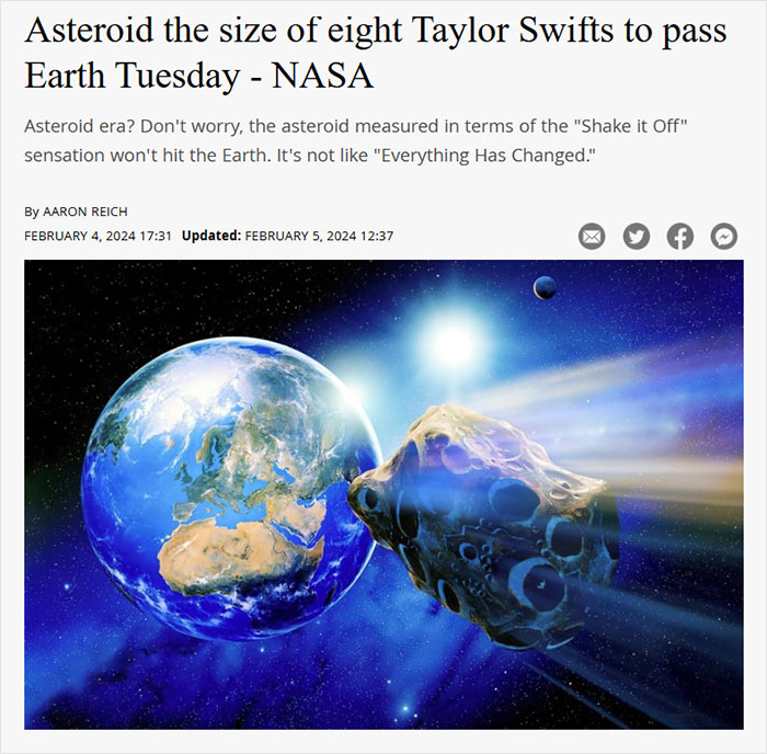 Asteroid near Earth depicted in space with light beams, capturing a hilarious-news-headlines theme.